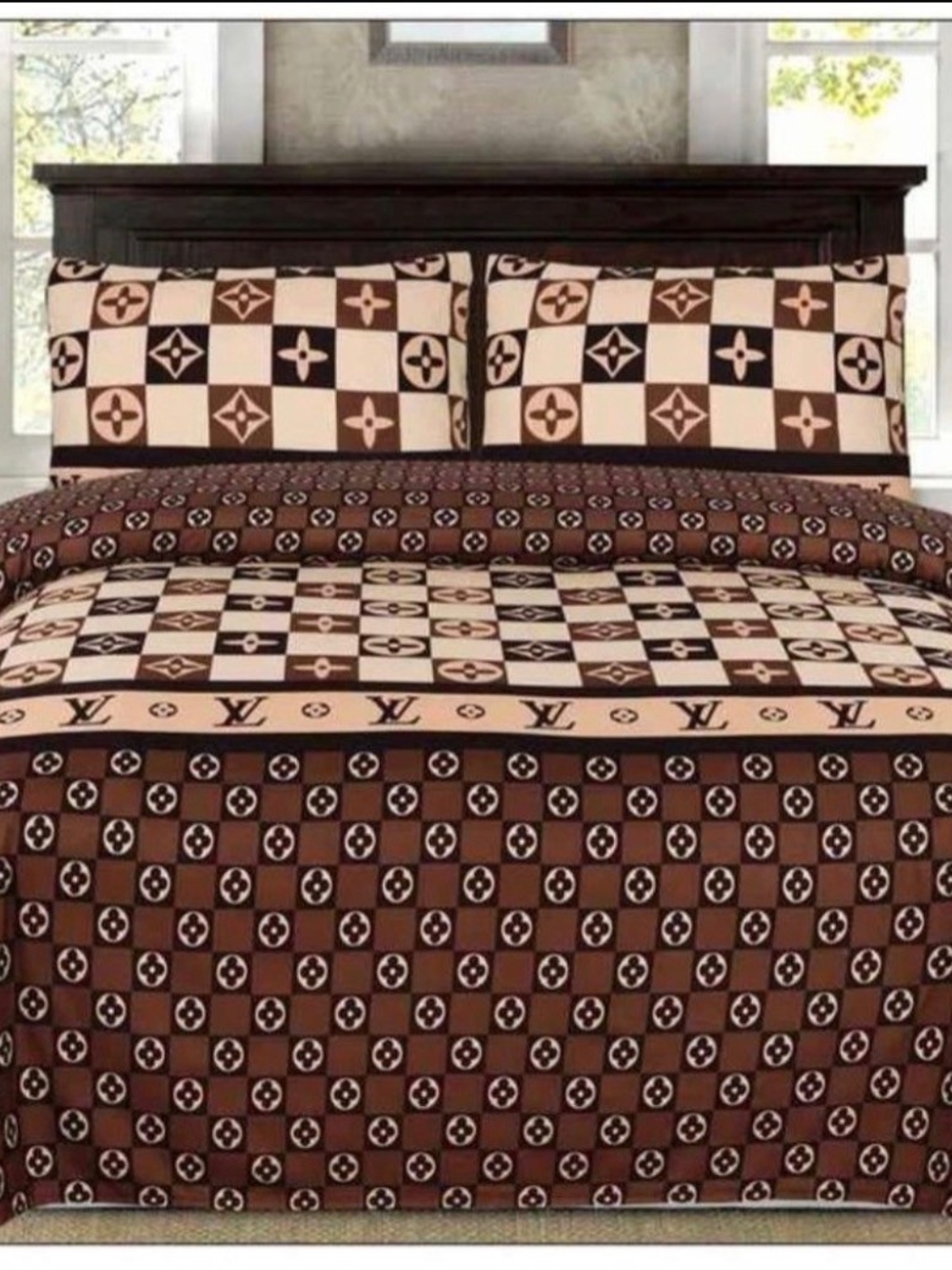 Luxury Pattern Brown and Cream Checkered Bedding Set - Designer Inspired